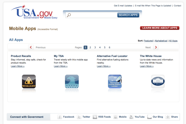 Screenshot of the US government's mobile app page.